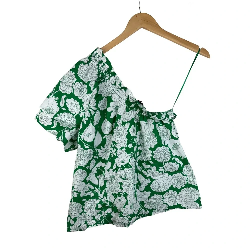 J. Crew‎ One Shoulder Smocked Kelly Floral Print Blouse size Small Green/White